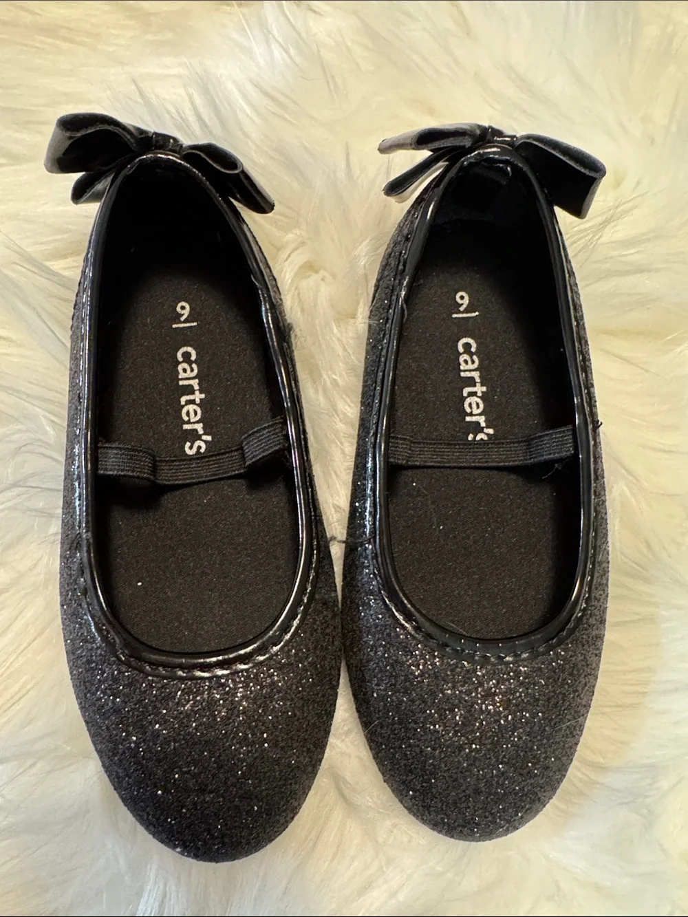 Carter's Black Glitter Bow Slip-On Flats